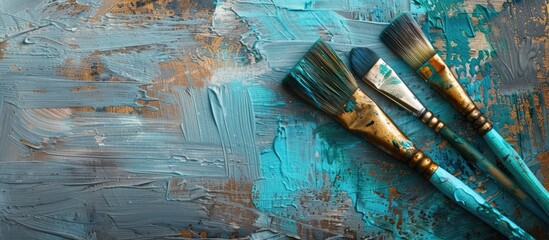 Fototapeta premium two brushes lie on a gray background standing next to a wooden bank with turquoise paint. Copy space image. Place for adding text and design