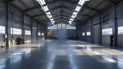 3D large industrial warehouse interior, spacious and modern facility with high ceilings, storage racks, and advanced logistics systems, designed for efficient inventory management and distribution