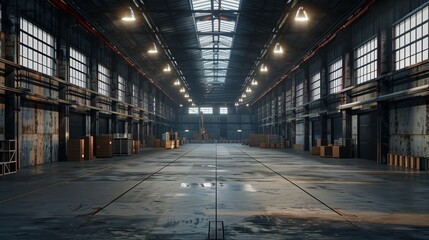 3D large industrial warehouse interior, spacious and modern facility with high ceilings, storage racks, and advanced logistics systems, designed for efficient inventory management and distribution