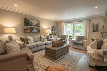 A fully renovated living room showcasing modern furniture, stylish decor, and a harmonious color scheme. The room is bright and inviting. Generative AI