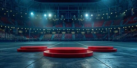 Red Olympic Podiums on a Track in a Stadium with Spectators and Mountainous Backdrop, Capturing the Spirit of Athletic Achievement.	