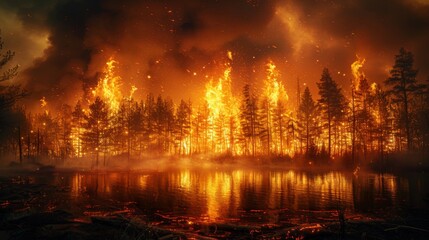 Naklejka premium A raging forest fire engulfing trees and wildlife