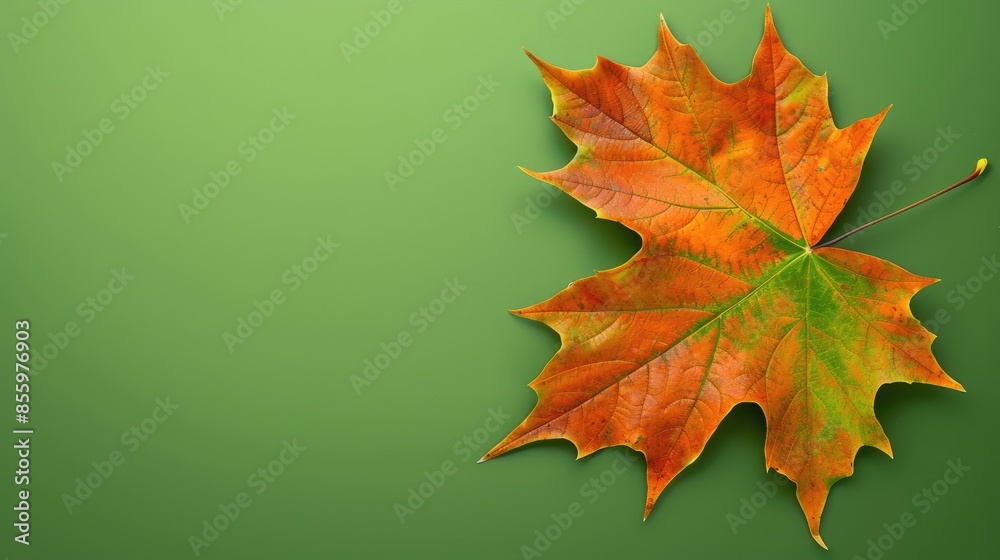 Wall mural maple leaf on green backdrop with space for text