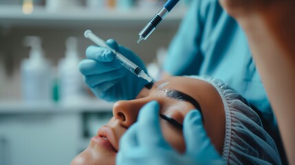 Obraz premium A healthcare professional is injecting a vaccine into a patient's arm, indicating medical care and prevention