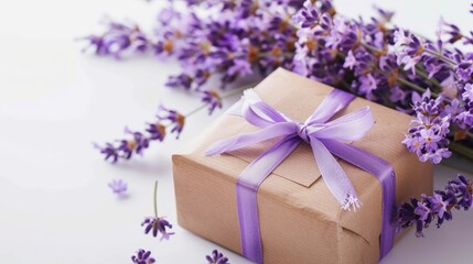 Lavender flowers and gift box on white background close up view with space for text Beauty and wellness theme