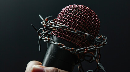 A hand grasps a microphone tightly, wrapped by a chain, symbolizing restriction on freedom of speech, poster