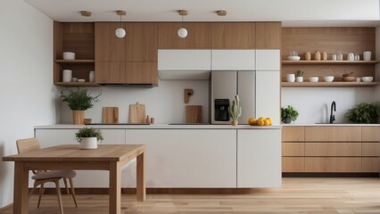 Interior home of comfortable kitchen with utensils on white wall copy space