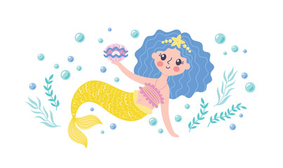 Childrens cute magic character. Magic mermaid girl. Children magic poster or postcard. Vector illustration of fantasy undersea life