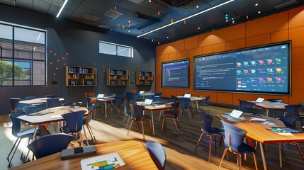 A contemporary classroom featuring interactive panels and AI assistants, fostering a dynamic and engaging learning environment. Generative AI