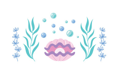 Fototapeta premium Childrens cute animal. A pearl in an open marine shell in in algae and bubbles around it. Sea and ocean life vector illustration