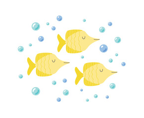 Childrens cute animals. Funny yellow tang fishes in bubbles. Sea and ocean life vector illustration