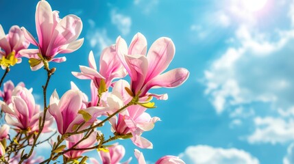 Pink magnolia blossoms under sunlight with trendy pink hue against blue sky in a spring backdrop