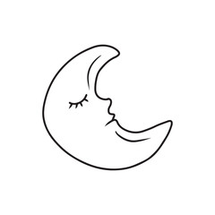 Sleeping moon with closed eyes in black isolated on white background. Hand drawn vector sketch illustration in doodle engraved line art vintage style. Concept of sleep, sweet dreams, children