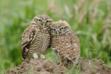 Obraz premium A burrowing owl grooms its mate while they stand on their nest burrow mound. Front view of one owl with face showing and side view of the other with grass in the background