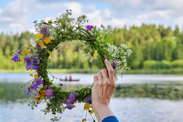 Flower Wreath. Ligo, Ivan Kupala. Midsummer Solstice Holiday concept