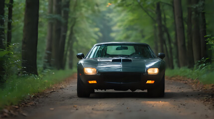 a car driving down a dirt road in a forest