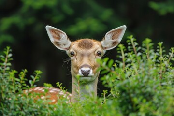 A fallow deer doe poking her head out from behind a bush to see what the noise was
