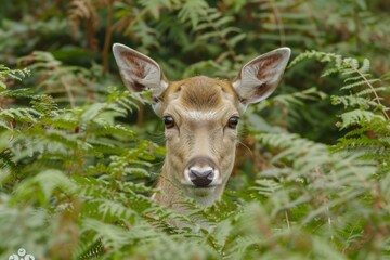 Fototapeta premium A fallow deer poking her head up out of the bracken.