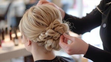 Close-up of a hair stylist's hands completing a sophisticated updo with braids for a blonde client