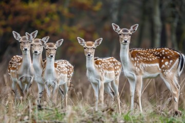 A group of young fallow deer does watching the large males