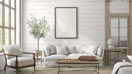 Empty poster frame on a wall in a farmhouse-style living room with shiplap walls