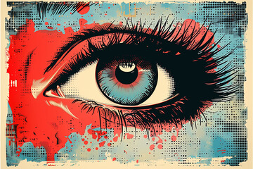 Retro halftone collage eye for mixed media design. Open human eye in halftone texture, dotted pop art style.
