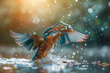 Obraz premium A kingfisher with its fish catch rising out of the water