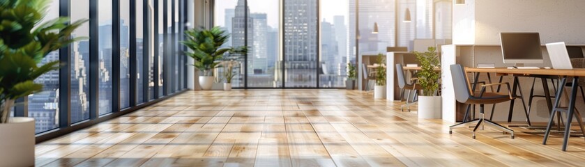 Fototapeta premium Modern office space with openplan layout and hardwood flooring close up, collaborative work environment, realistic, overlay, city skyline backdrop