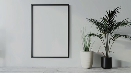 Blank poster frame on a wall in a minimalist living room with a monochrome color scheme