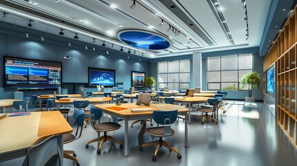 A contemporary classroom with large screens, modern furniture, and natural light. The space is designed for interactive learning and collaboration. Generative AI