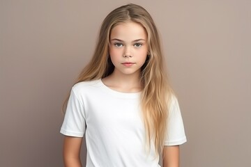Obraz premium A young girl with long blonde hair is wearing a white shirt