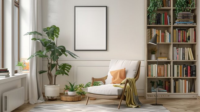 Empty poster frame on a wall in a cozy living room with a reading nook and bookshelves