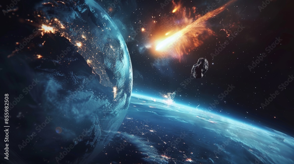 Wall mural earth and burning comet in space. giant meteor descending on earth. realistic rendering of a meteori
