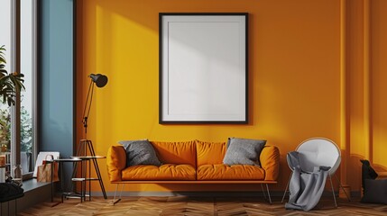 Blank poster frame on a wall in a living room with a bold accent wall and statement furniture