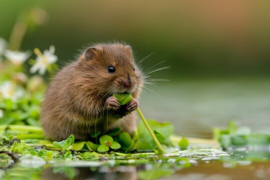 A little water vole on a bank munching some water weed.