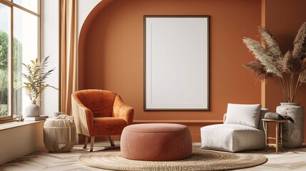 Empty poster frame on a wall in a living room with a cozy and warm color scheme