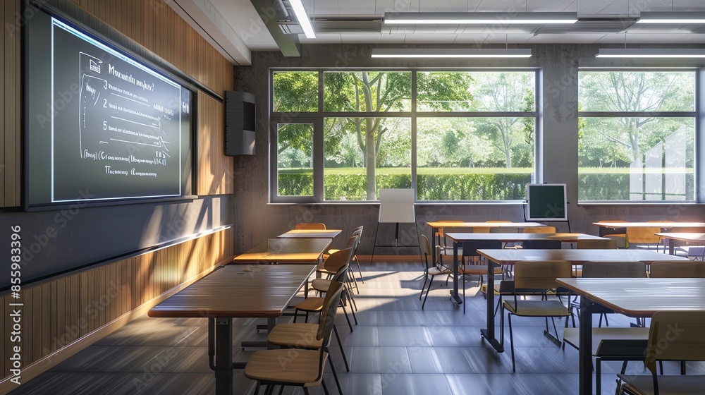 Leinwandbilder a contemporary classroom with interactive panels and ai assistants, creating an inviting learning en