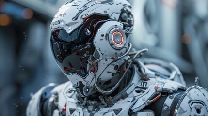 Fototapeta premium Futuristic warrior with detailed, high-tech armor, showcasing advanced design elements and raw, gritty textures