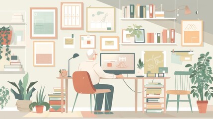 Older gray-haired senior using computer in office at home