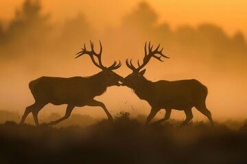 Naklejka premium A pair of red deer stags having a battle in the dawn mist silhouetted but the sunrise.