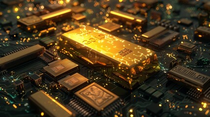 Obraz premium Gold bar in a digitalized form, layered with motherboard circuits and biometric prints, modern technology theme, raw style