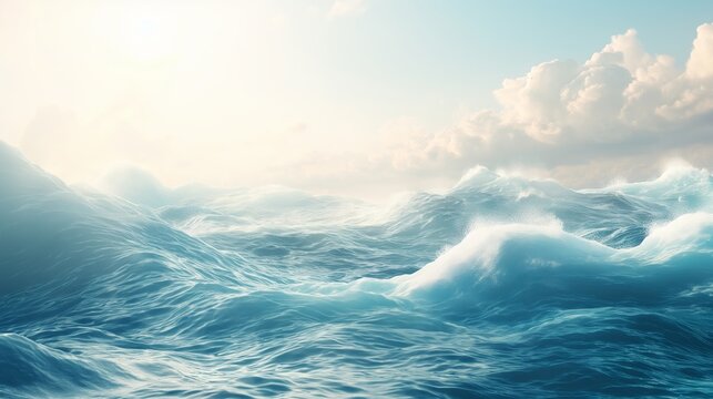 This image captures the peaceful and powerful essence of the ocean with sunlit waves and fluffy clouds in the background