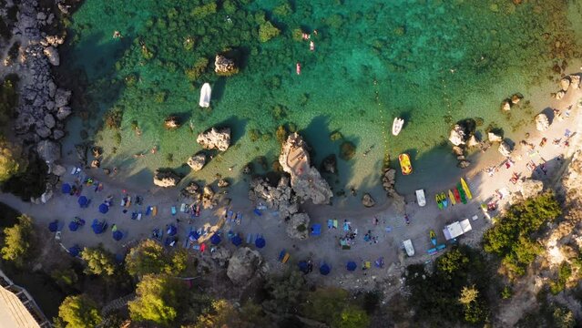 Drone view of Anthony Quinn Bay in Faliraki, Rhodes Island, Greece.