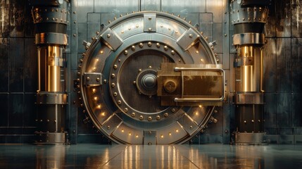 Fototapeta premium The front view of a light silver bank vault door is shown with the door closed in 3D rendering.