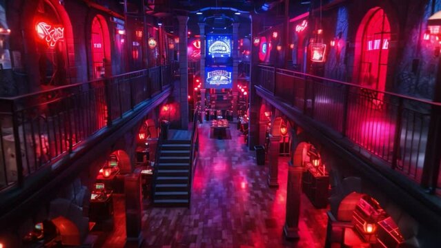 This dimly lit, neon-lit interior of a bustling entertainment venue. Laser tag arena
