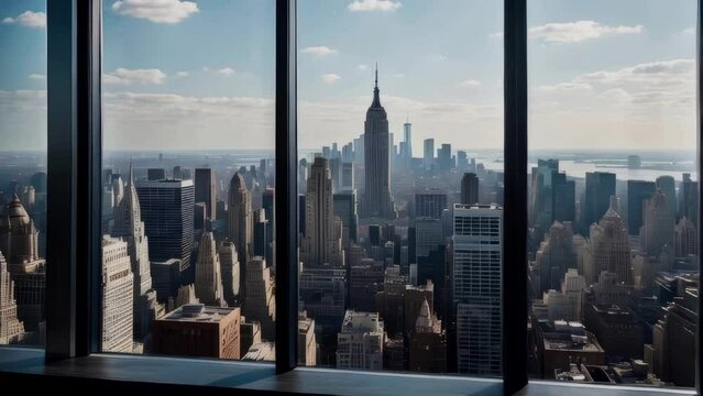 Empty interior from high-rise window showcasing expensive real estate with cityscape of skyscrapers in Midtown NYC at daytime