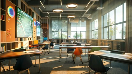A contemporary classroom with interactive panels and AI assistants, offering an engaging learning experience. The spacious room features natural light and modern furniture. Generative AI