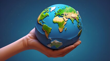 Earth is held by a hand in a cartoon style. idea of Earth Day. 3D Compute