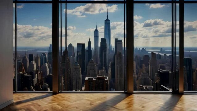 Empty interior from high-rise window showcasing expensive real estate with cityscape of skyscrapers in Midtown NYC at daytime
