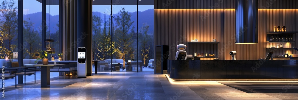 Poster An AI-powered robot interacts with customers at a modern restaurant or hotel lobby, enhancing service quality and creating a futuristic dining experience. Generative AI
